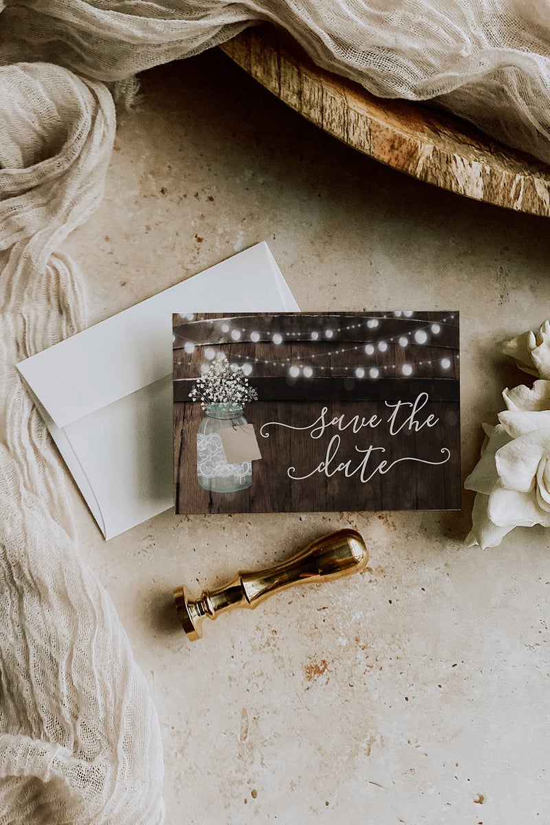 Your Main Event Prints 50 Rustic Mason Jar Save The Date Cards for Wedding, Engagement, Anniversary, Baby Shower, Birthday Party, Wood Save The Dates Postcard Invitations - Image 2